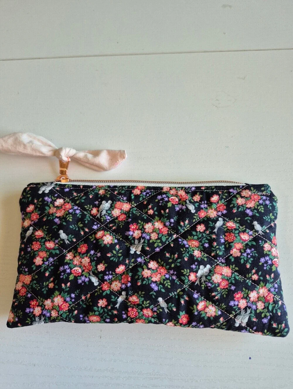 Handmade Quilted Floral Cosmetic Pouch with Bow Accent  flowers & birds material